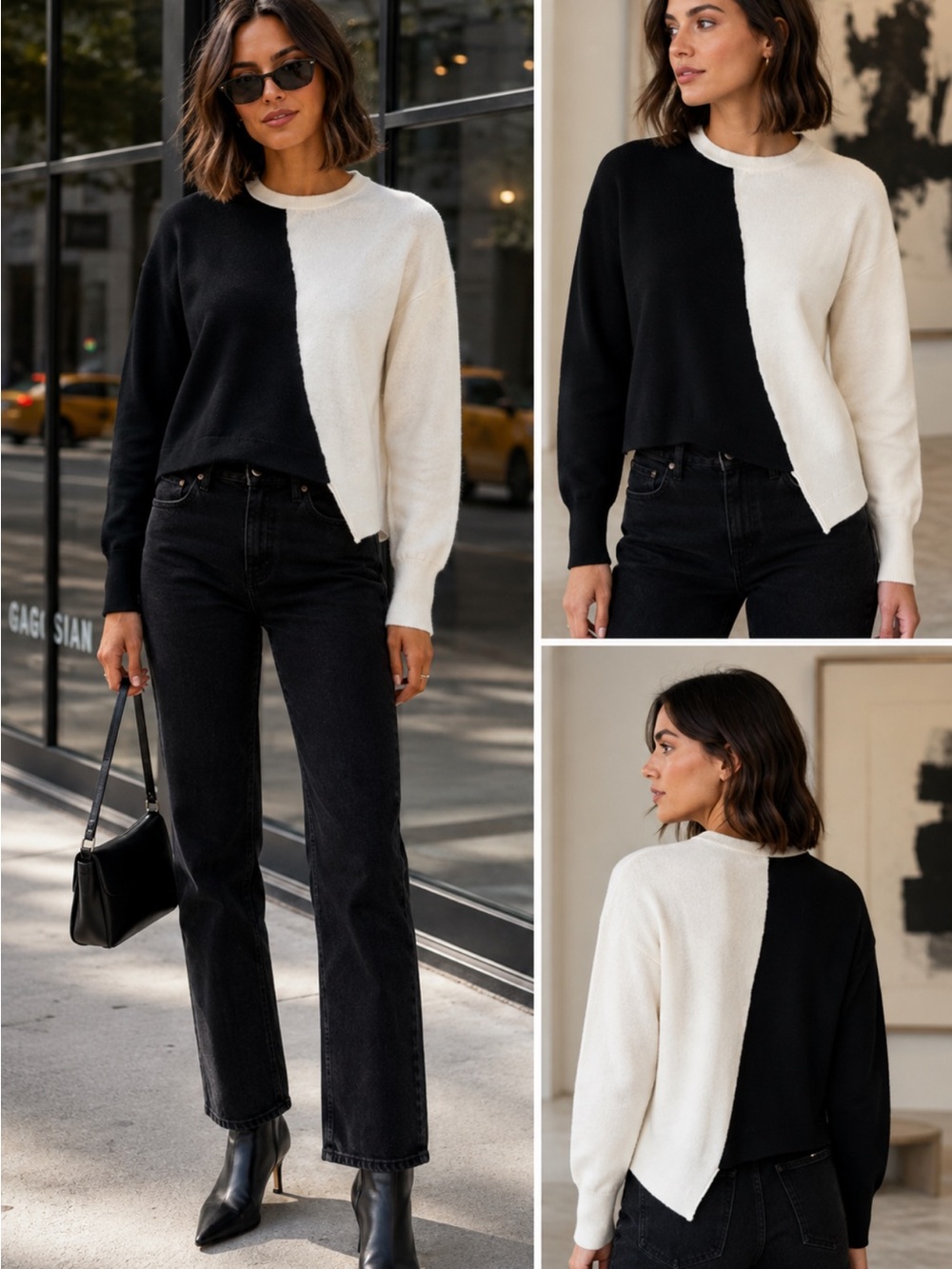 ♨️Alice + Olivia Black Cream Colorblock Asymmetric Hem Sweater - Size XS💛